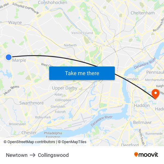 Newtown to Collingswood map
