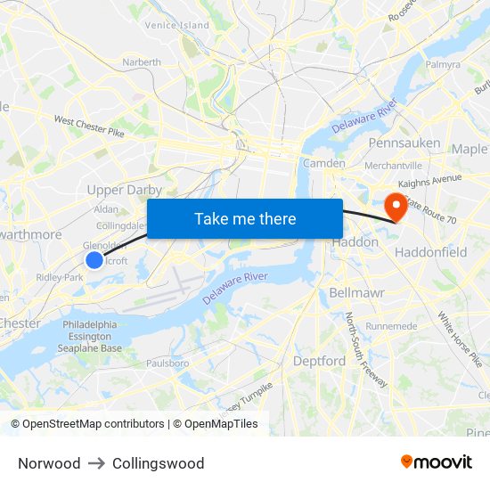 Norwood to Collingswood map