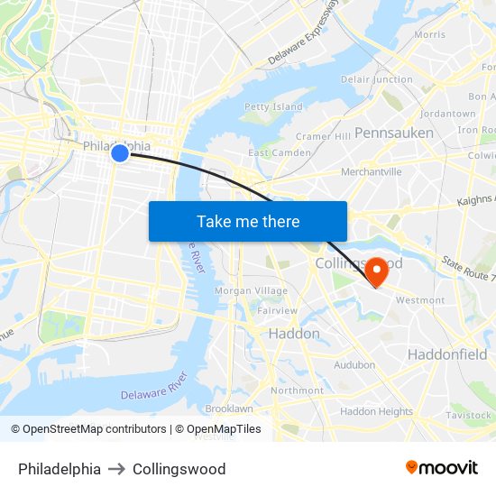 Philadelphia to Collingswood map