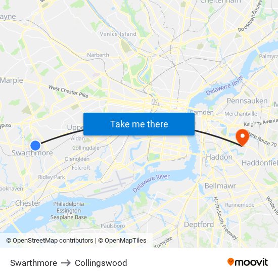 Swarthmore to Collingswood map