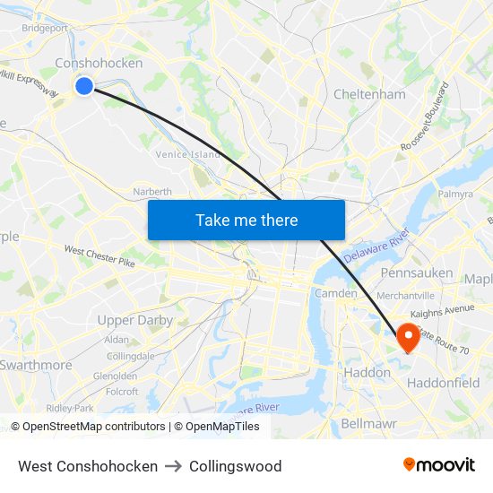 West Conshohocken to Collingswood map