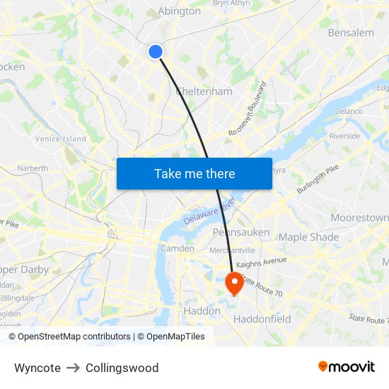 Wyncote to Collingswood map