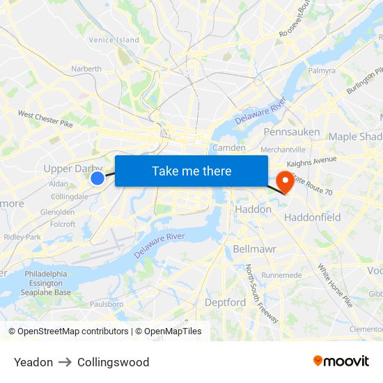Yeadon to Collingswood map