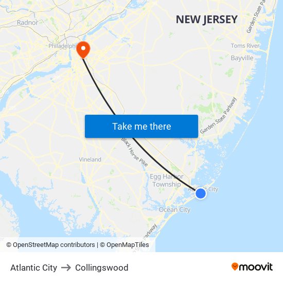 Atlantic City to Collingswood map