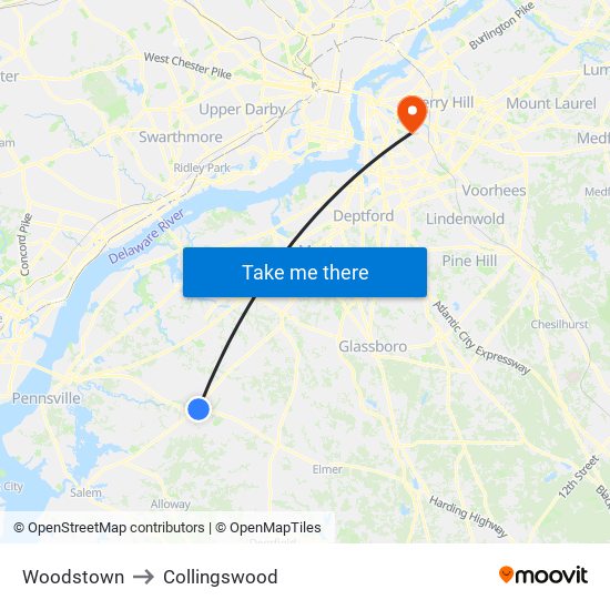 Woodstown to Collingswood map