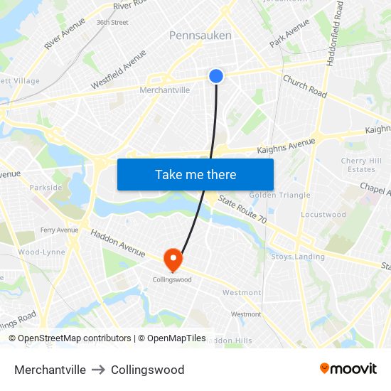 Merchantville to Collingswood map