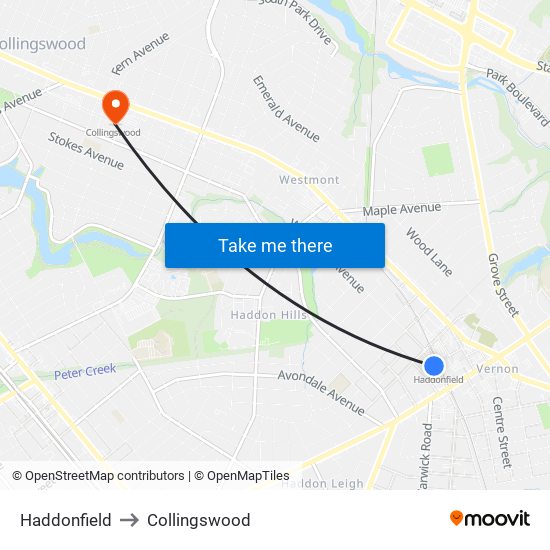 Haddonfield to Collingswood map