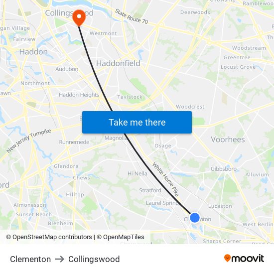 Clementon to Collingswood map