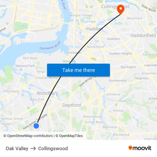 Oak Valley to Collingswood map