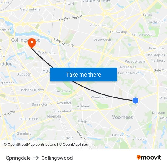 Springdale to Collingswood map