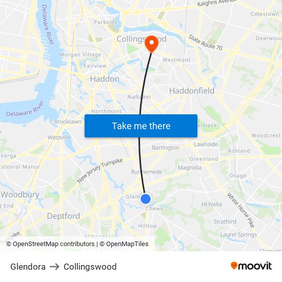Glendora to Collingswood map