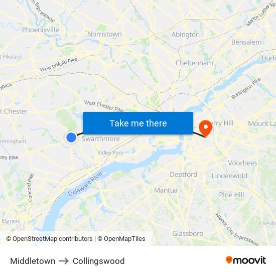 Middletown to Collingswood map