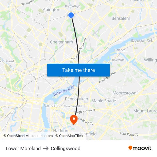 Lower Moreland to Collingswood map