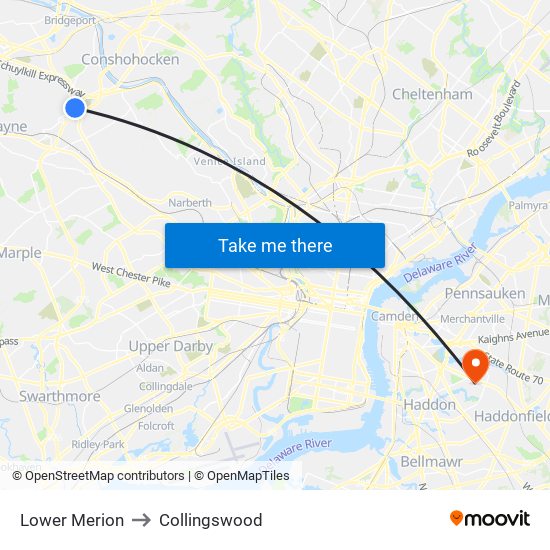 Lower Merion to Collingswood map
