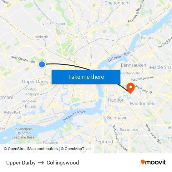 Upper Darby to Collingswood map