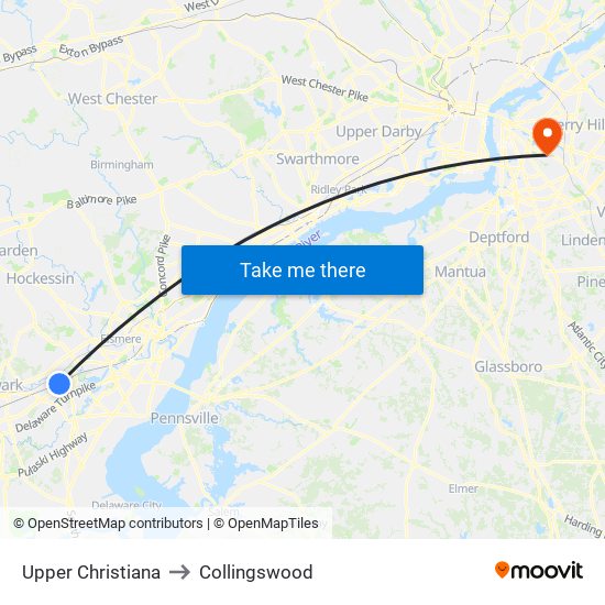 Upper Christiana to Collingswood map