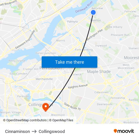 Cinnaminson to Collingswood map