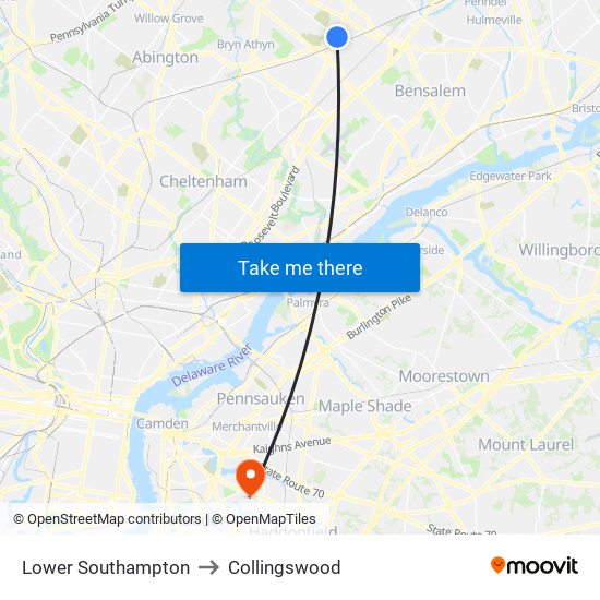 Lower Southampton to Collingswood map