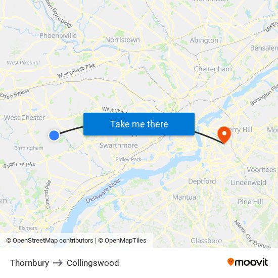 Thornbury to Collingswood map