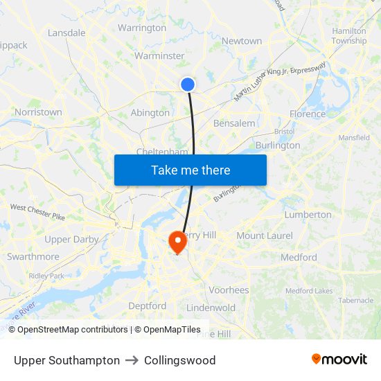 Upper Southampton to Collingswood map