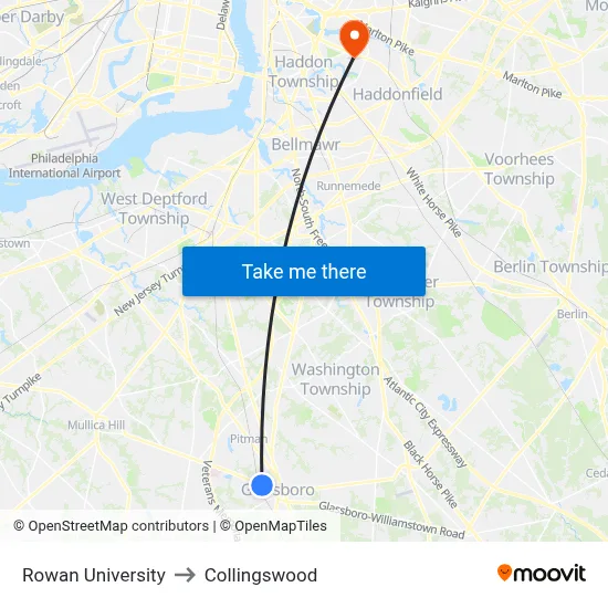 Rowan University to Collingswood map