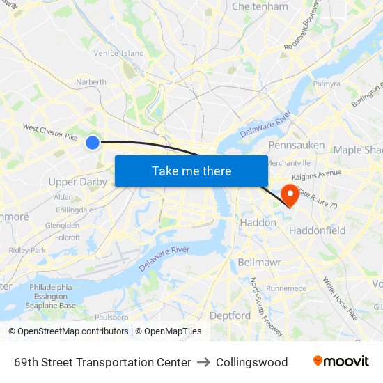 69th Street Transportation Center to Collingswood map
