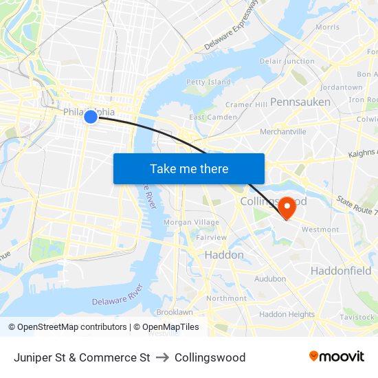 Juniper St & Commerce St to Collingswood map