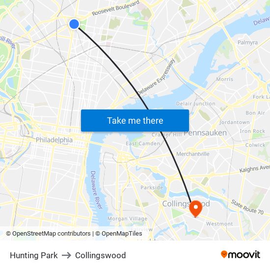 Hunting Park to Collingswood map