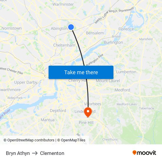 Bryn Athyn to Clementon map