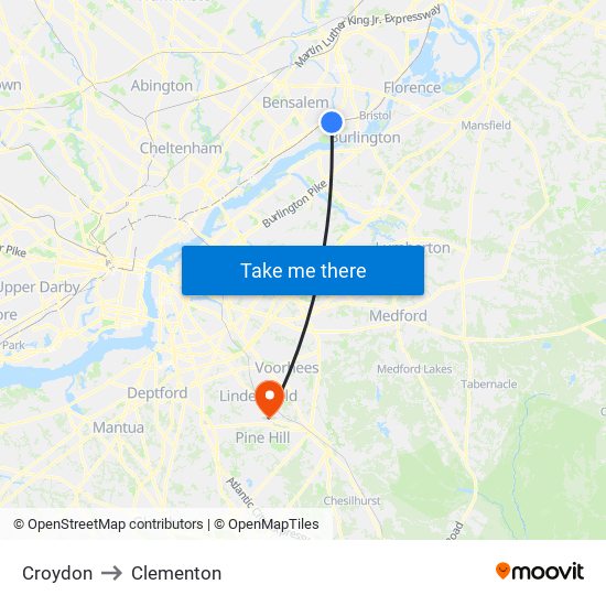 Croydon to Clementon map