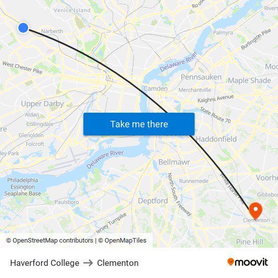 Haverford College to Clementon map