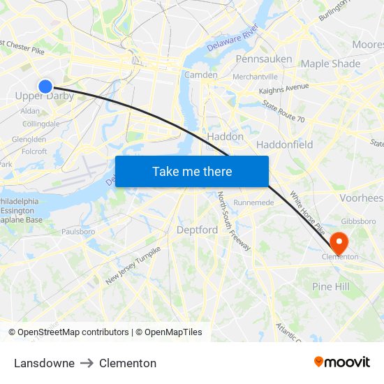 Lansdowne to Clementon map