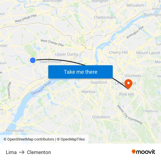 Lima to Clementon map