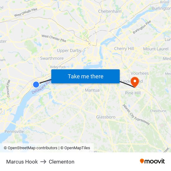 Marcus Hook to Clementon map