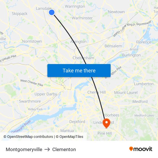 Montgomeryville to Clementon map