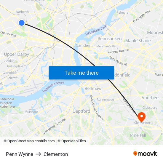 Penn Wynne to Clementon map