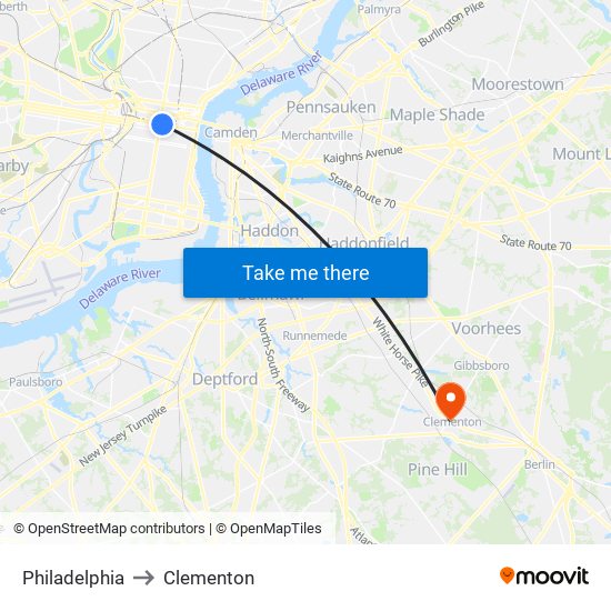 Philadelphia to Clementon map