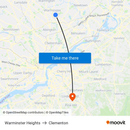 Warminster Heights to Clementon map