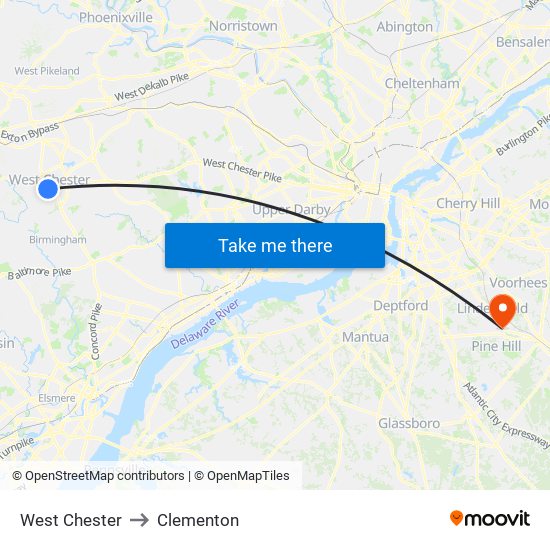 West Chester to Clementon map