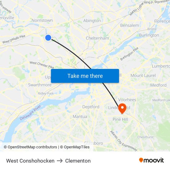 West Conshohocken to Clementon map