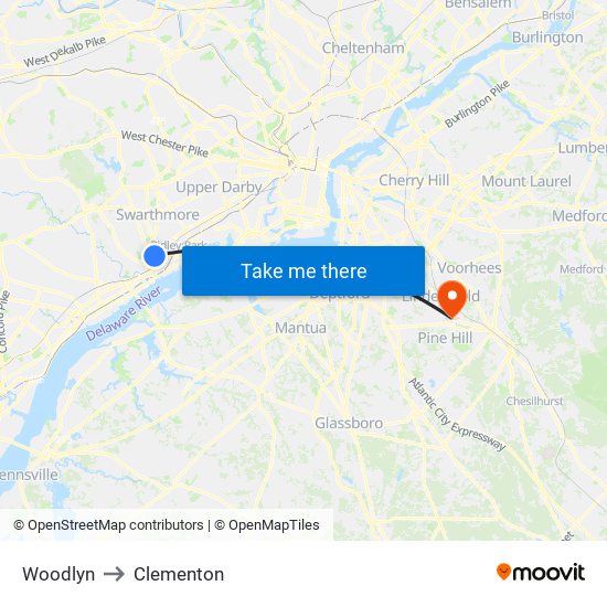 Woodlyn to Clementon map