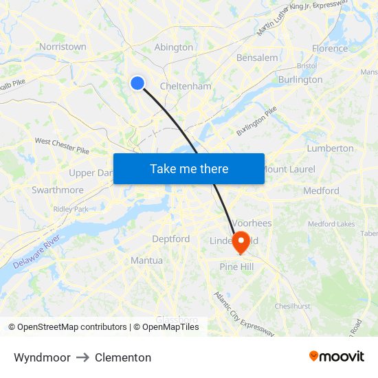 Wyndmoor to Clementon map