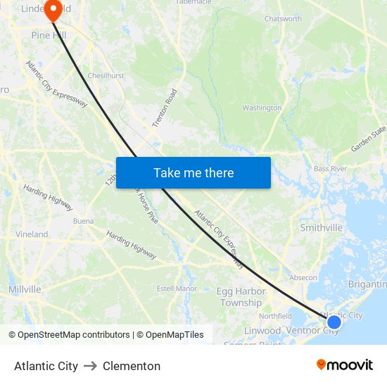 Atlantic City to Clementon map