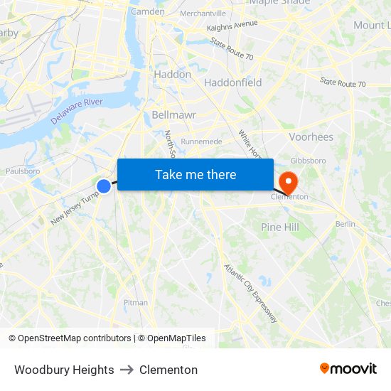 Woodbury Heights to Clementon map