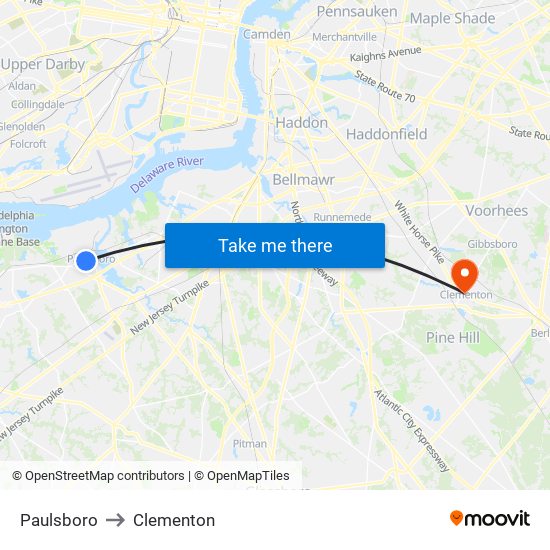 Paulsboro to Clementon map