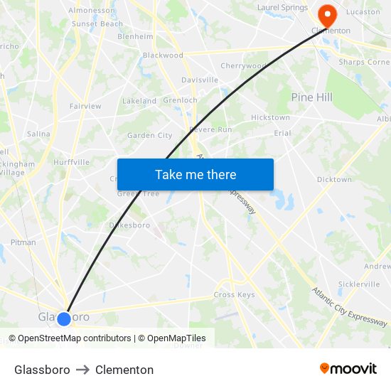 Glassboro to Clementon map