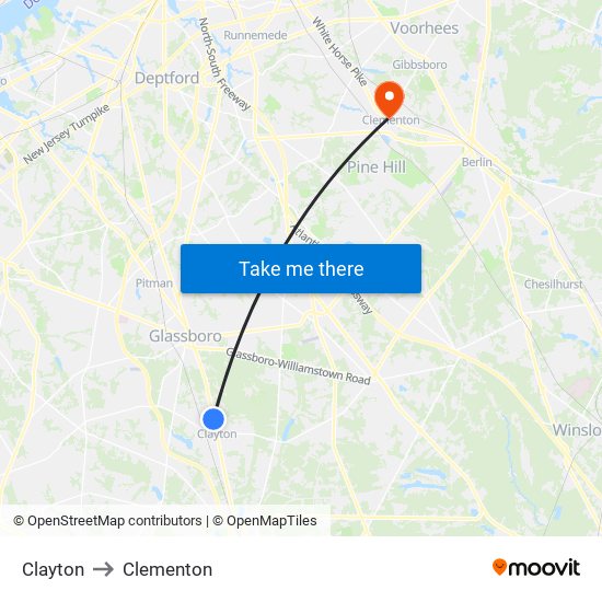 Clayton to Clementon map
