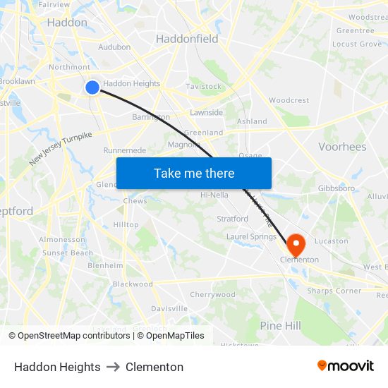 Haddon Heights to Clementon map