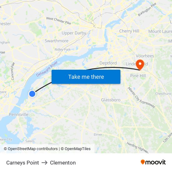 Carneys Point to Clementon map
