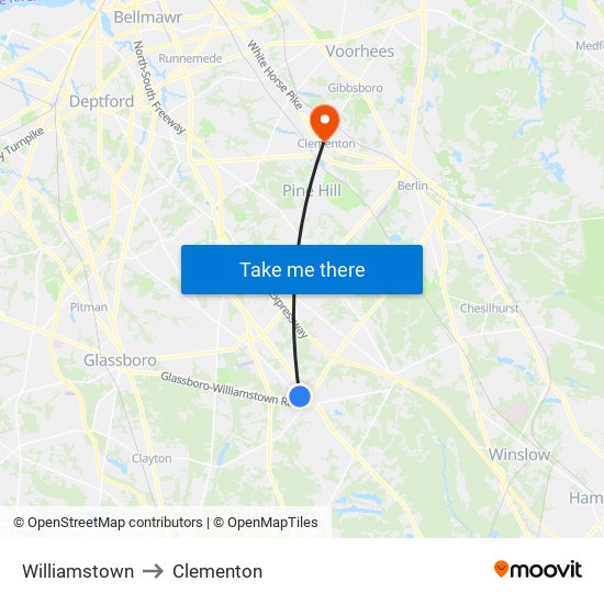 Williamstown to Clementon map
